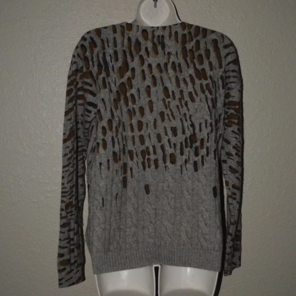 NWOT Sz M Allude Brown Animal Print Cashmere Blend V Neck Sweater